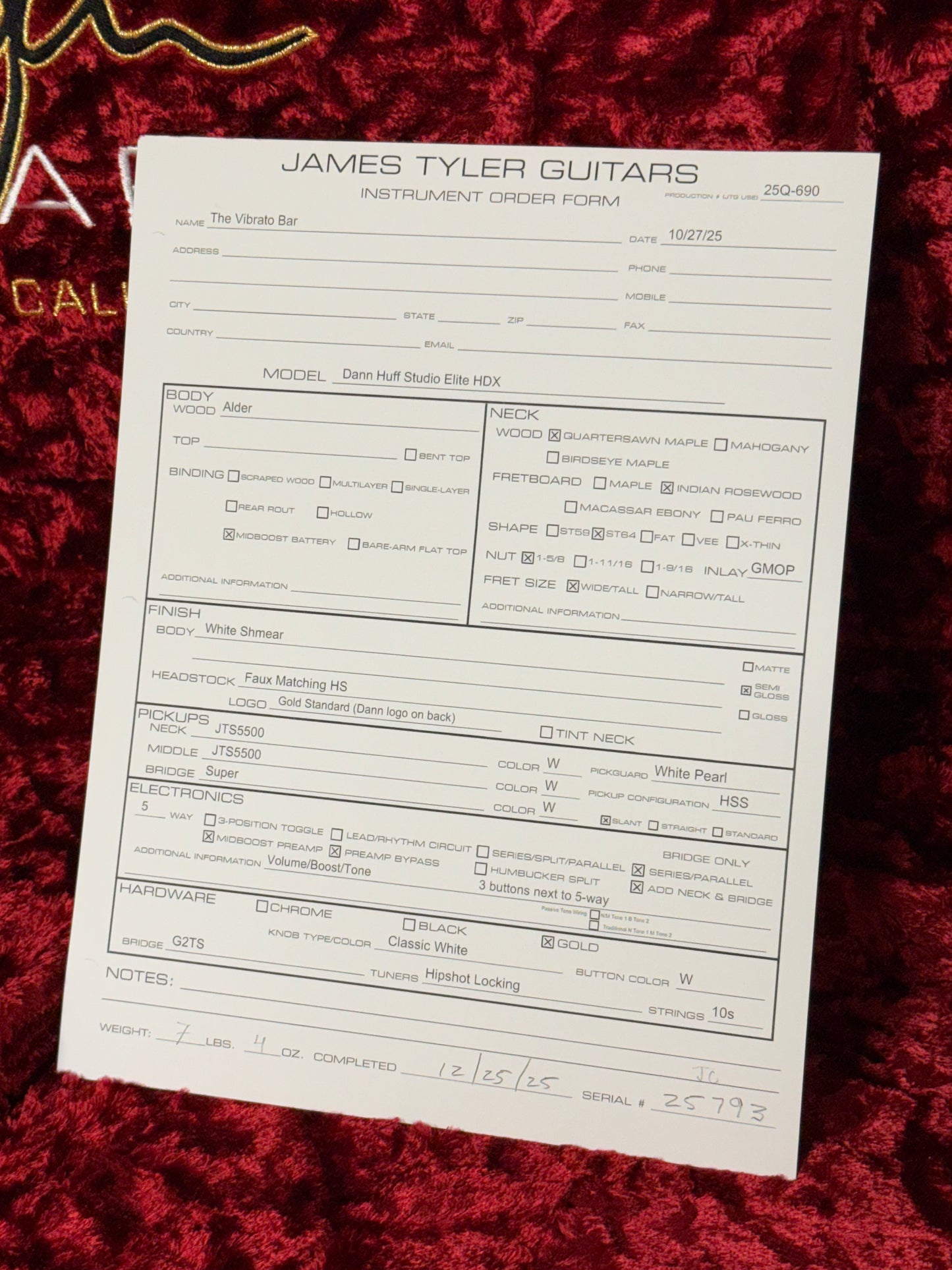 James Tyler Guitars Dann Huff Studio Elite HDX | White Schmear