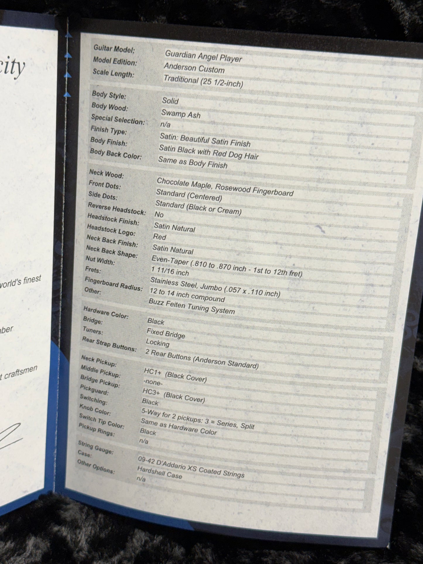 Tom Anderson Guardian Angel Player | Satin Black with Red Dog Hair