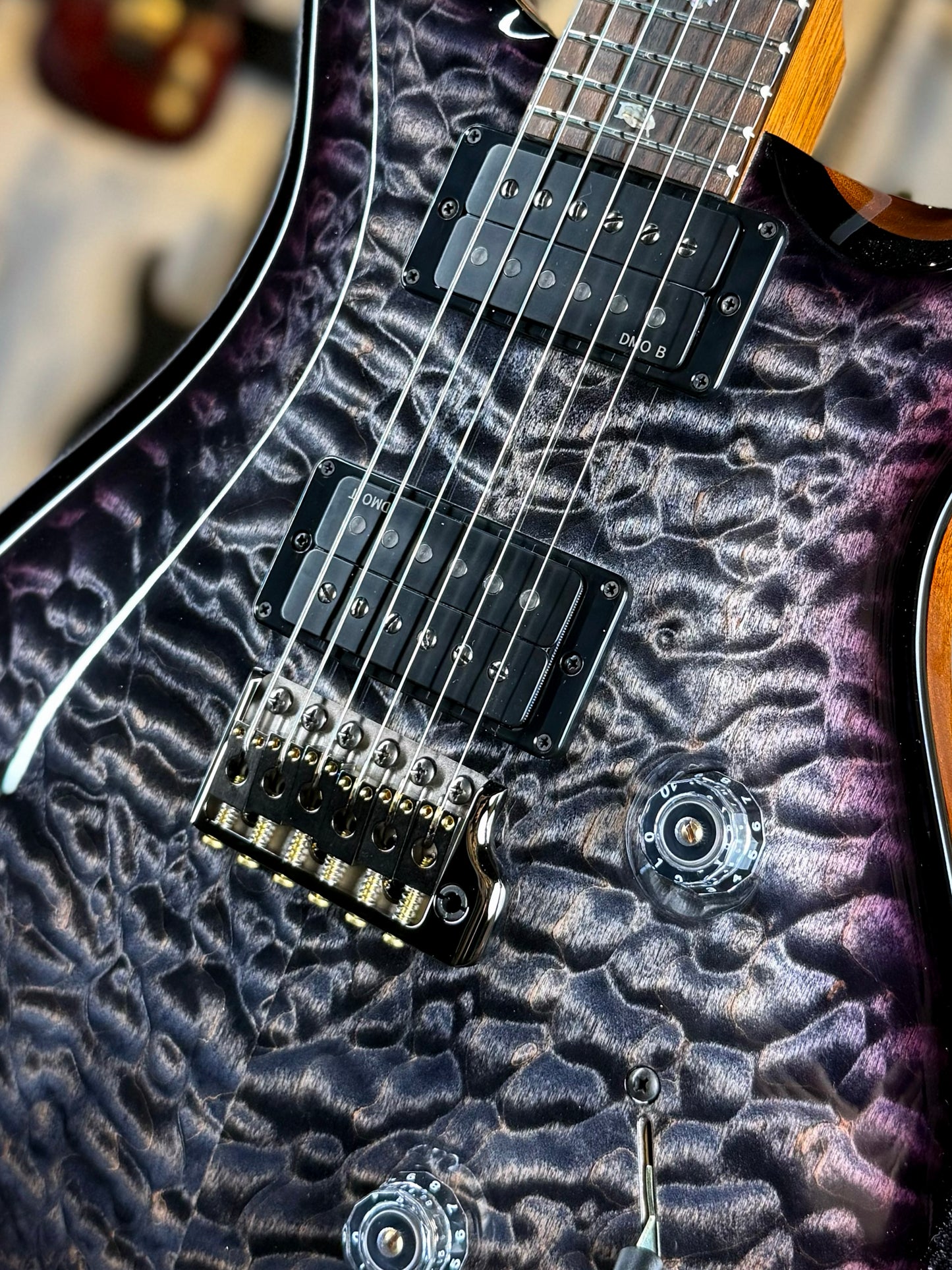 PRS Custom 24 "10 Top" Wood Library Quilt | Charcoal Purple Smokeburst Natural Back