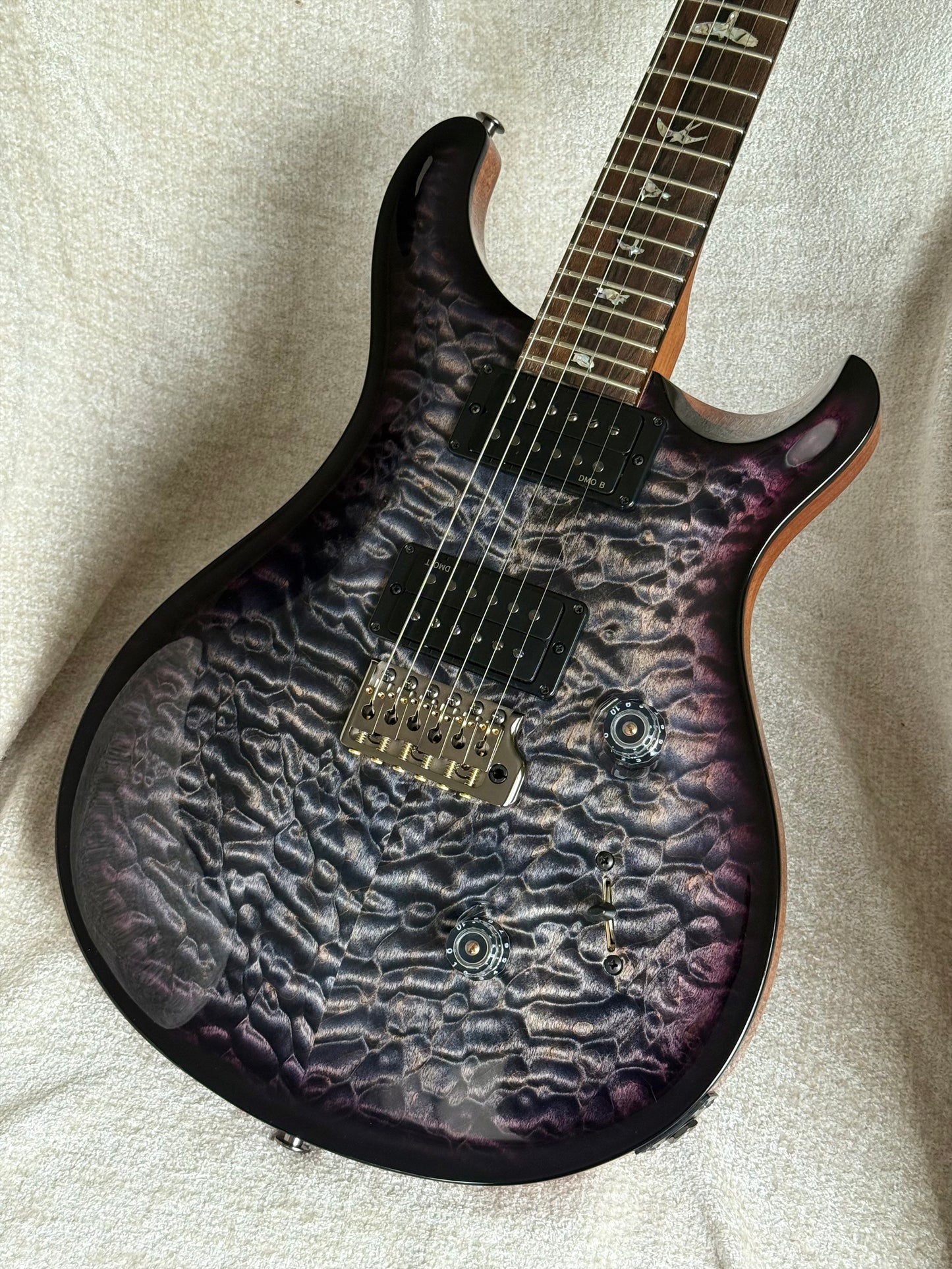 PRS Custom 24 "10 Top" Wood Library Quilt | Charcoal Purple Smokeburst Natural Back