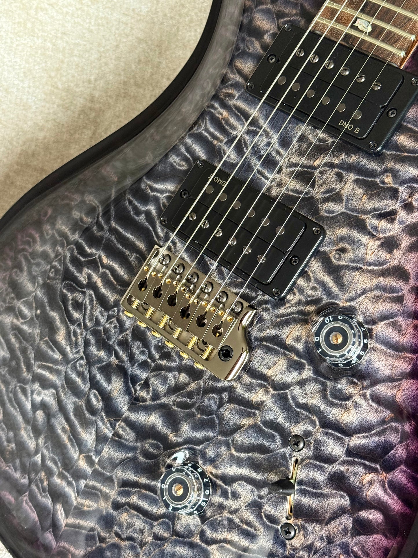 PRS Custom 24 "10 Top" Wood Library Quilt | Charcoal Purple Smokeburst Natural Back