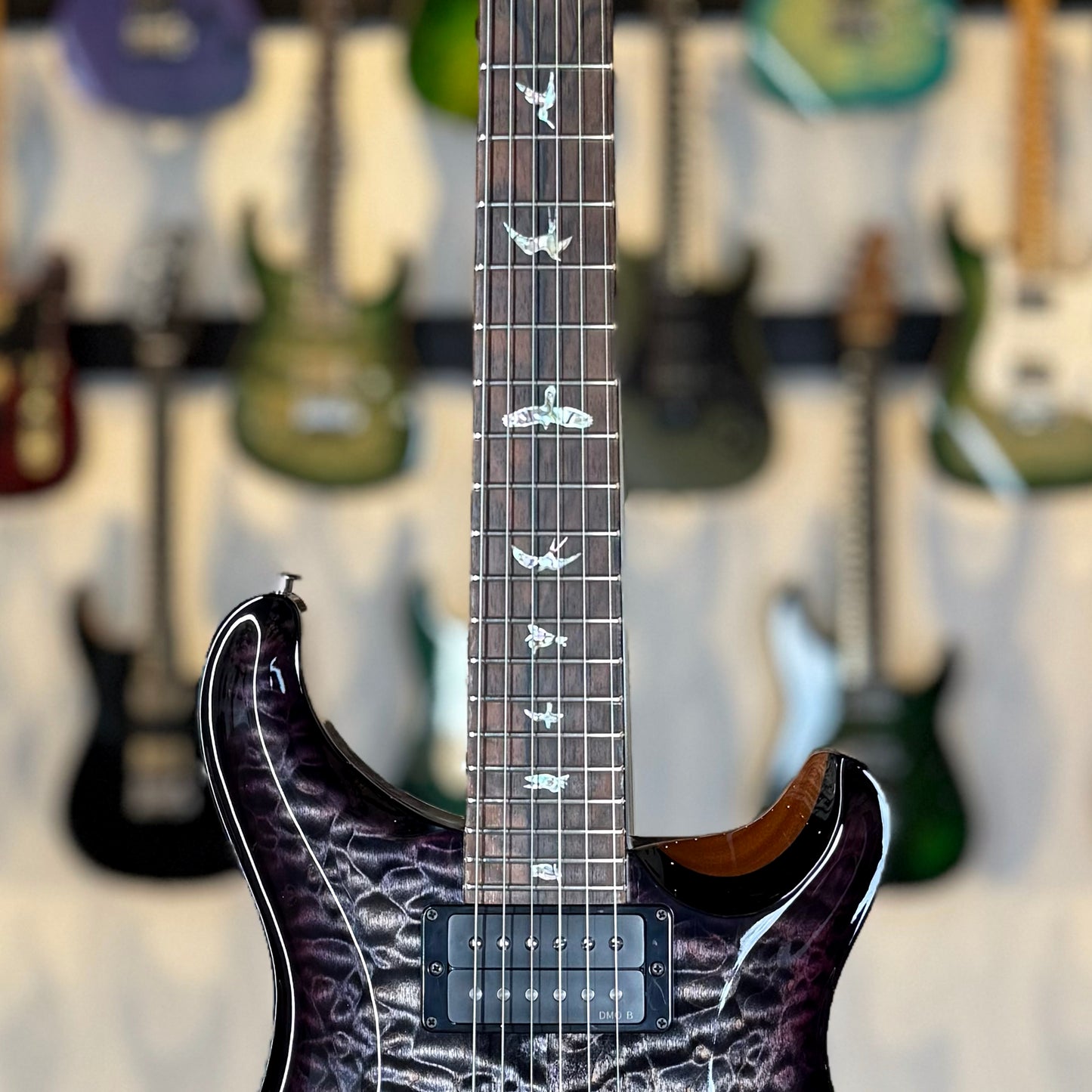 PRS Custom 24 "10 Top" Wood Library Quilt | Charcoal Purple Smokeburst Natural Back