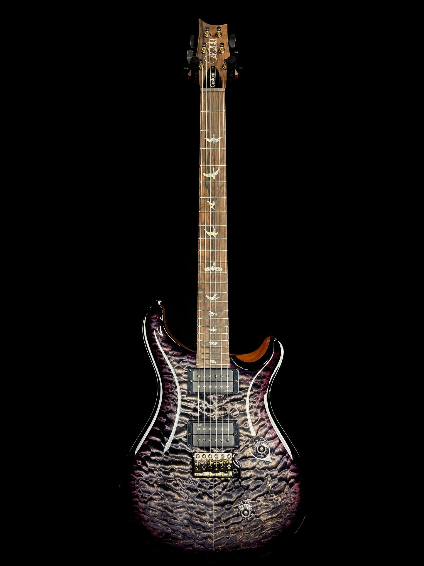 PRS Custom 24 "10 Top" Wood Library Quilt | Charcoal Purple Smokeburst Natural Back