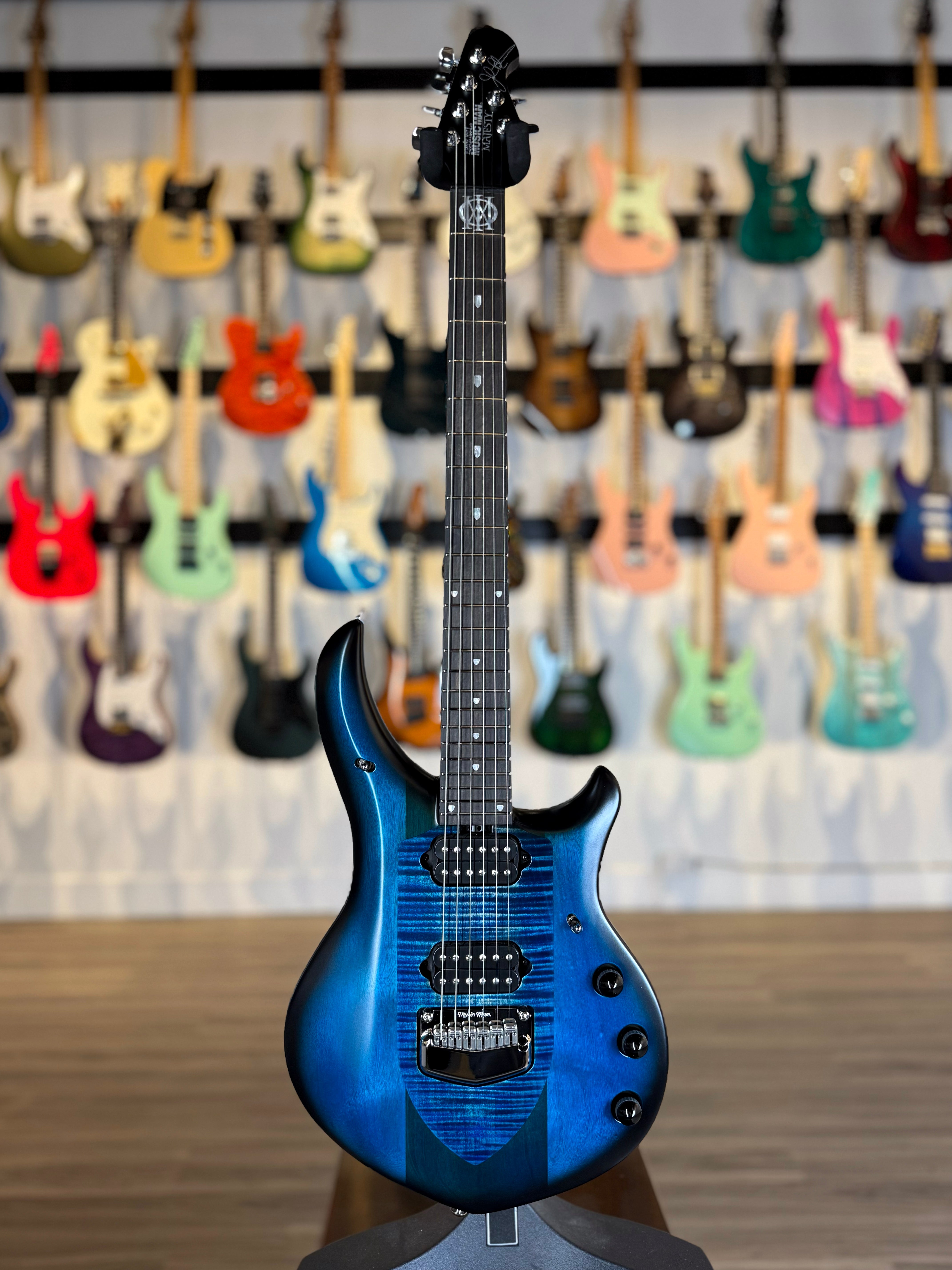Ernie Ball Music Man Majesty 6 | Blue Silk – The Vibrato Bar