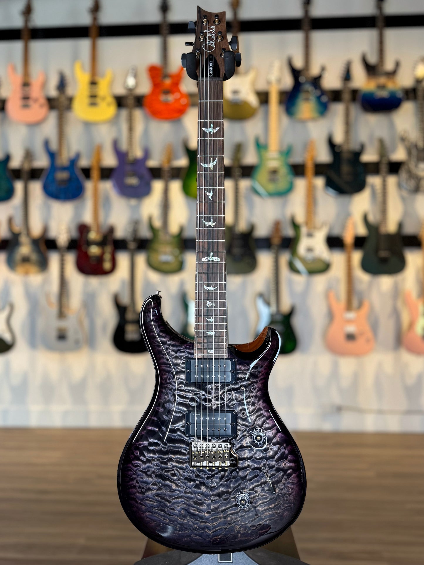 PRS Custom 24 "10 Top" Wood Library Quilt | Charcoal Purple Smokeburst Natural Back