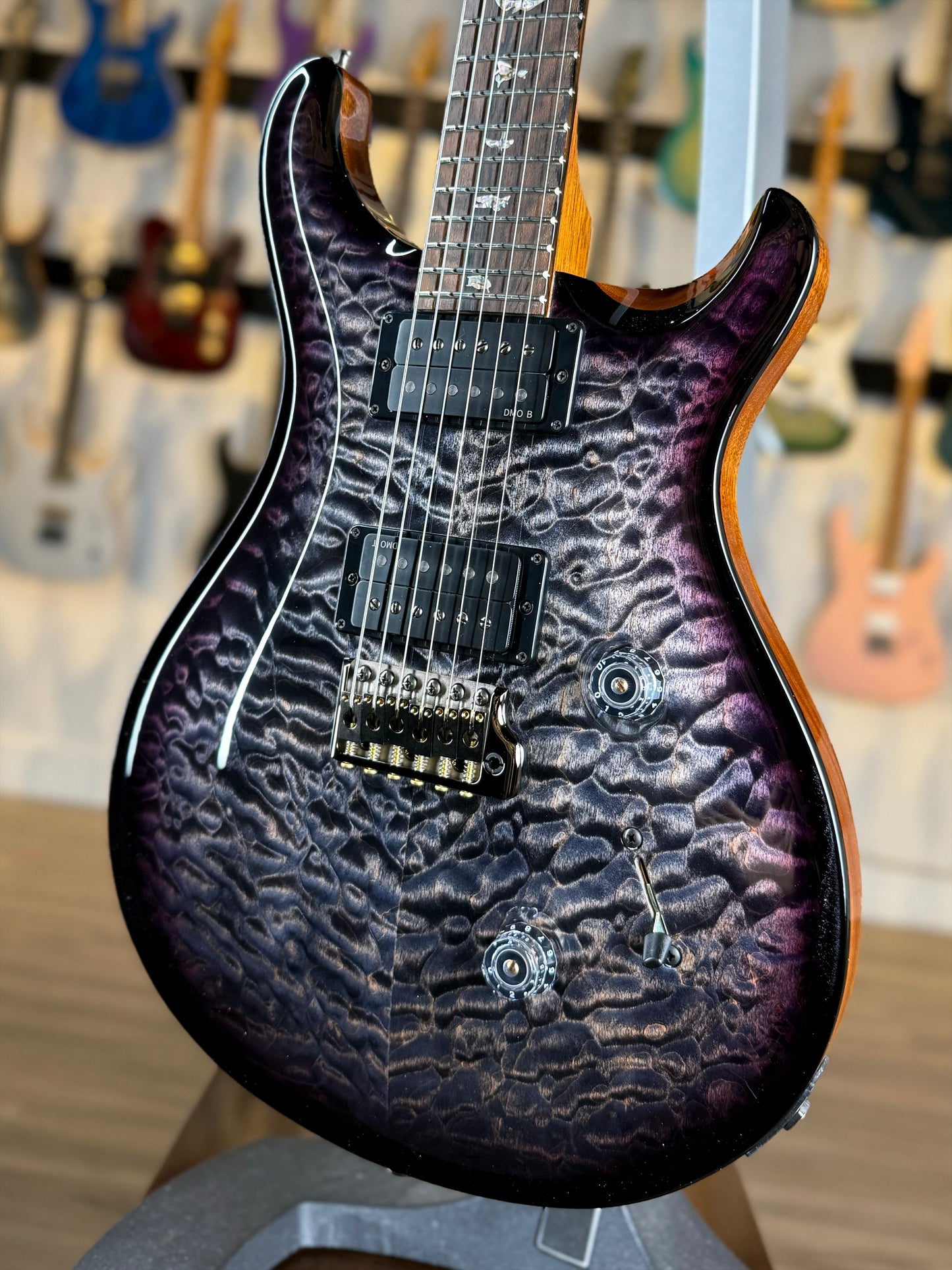 PRS Custom 24 "10 Top" Wood Library Quilt | Charcoal Purple Smokeburst Natural Back