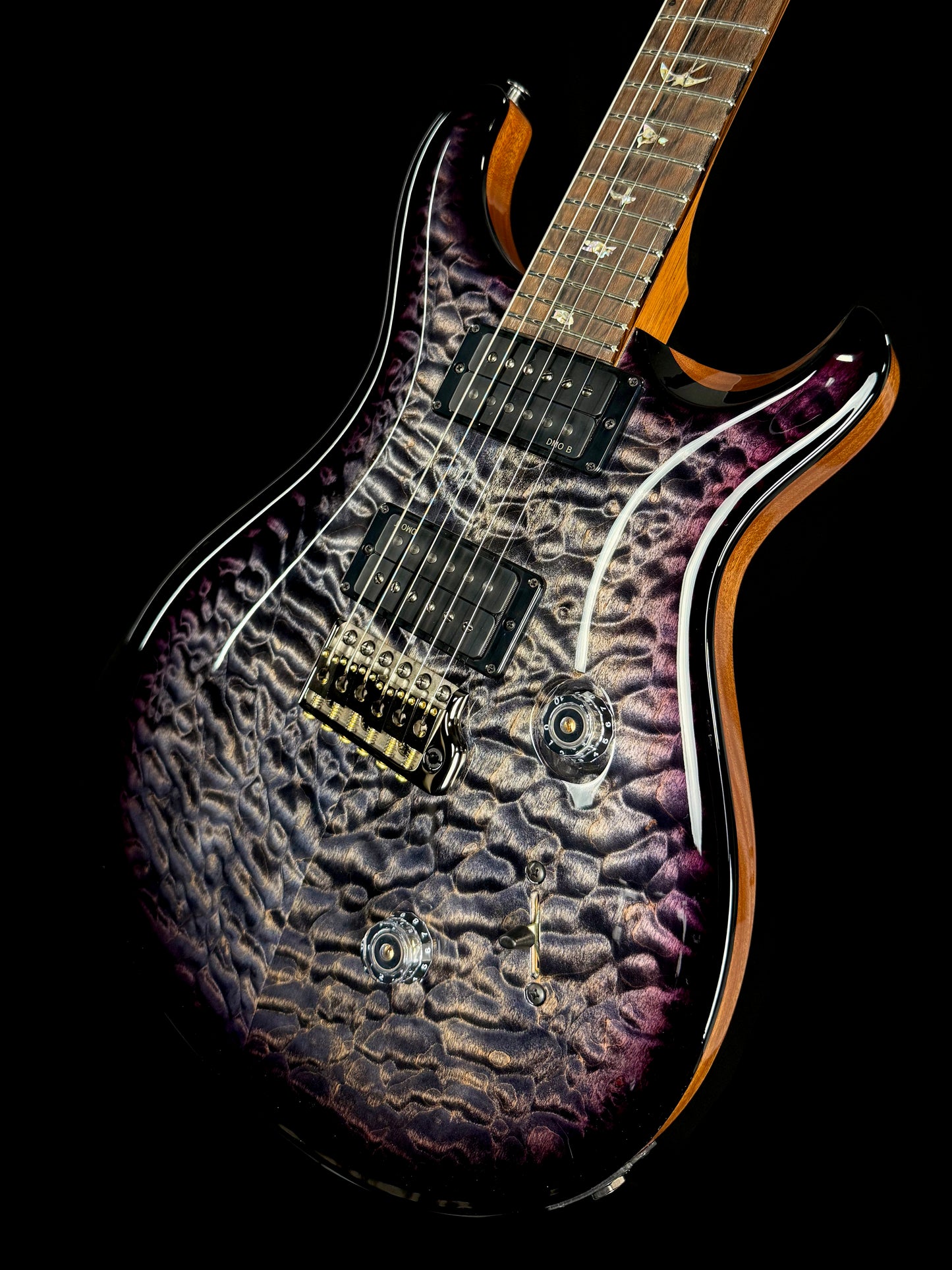 PRS Custom 24 "10 Top" Wood Library Quilt | Charcoal Purple Smokeburst Natural Back