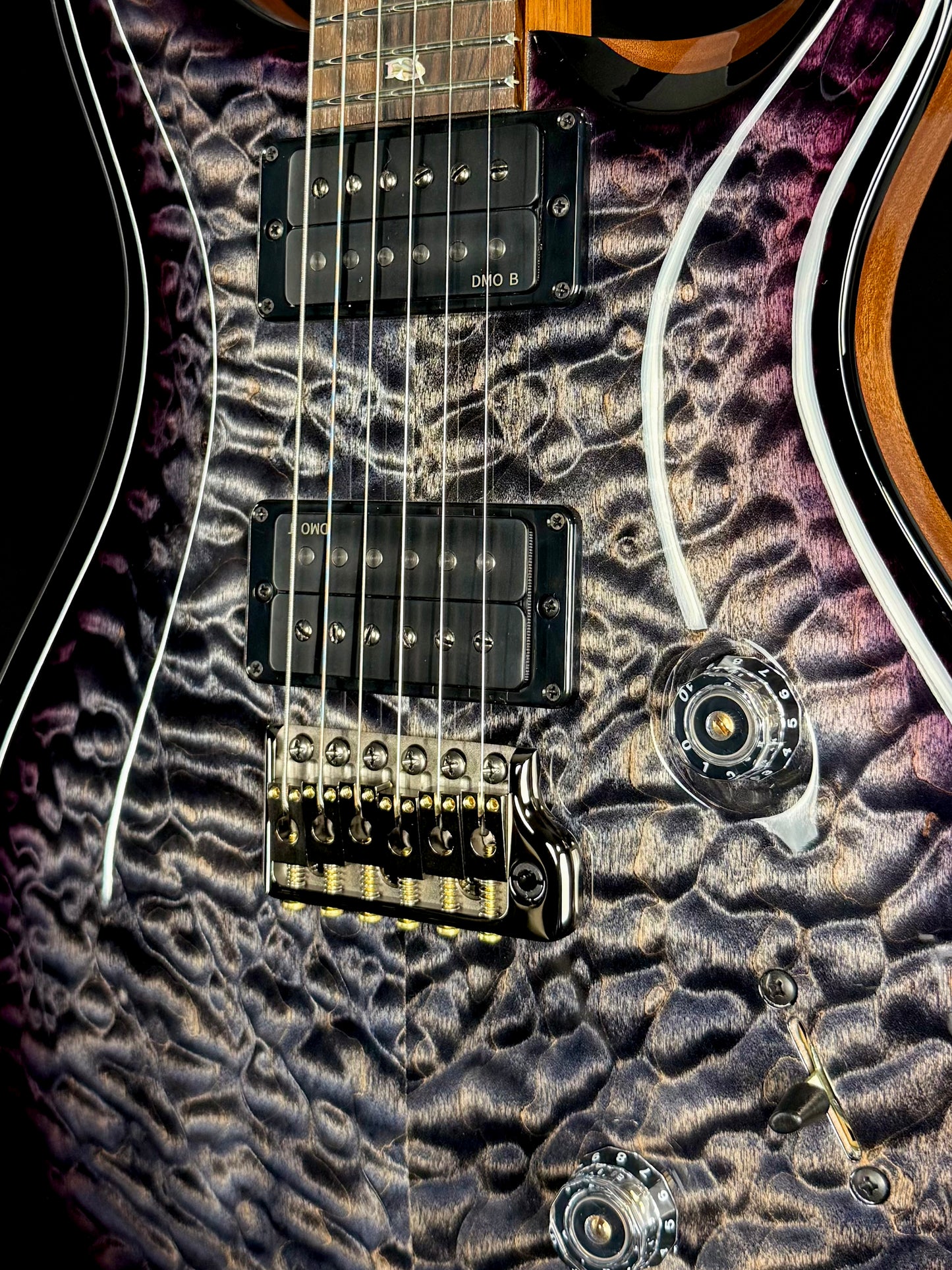 PRS Custom 24 "10 Top" Wood Library Quilt | Charcoal Purple Smokeburst Natural Back
