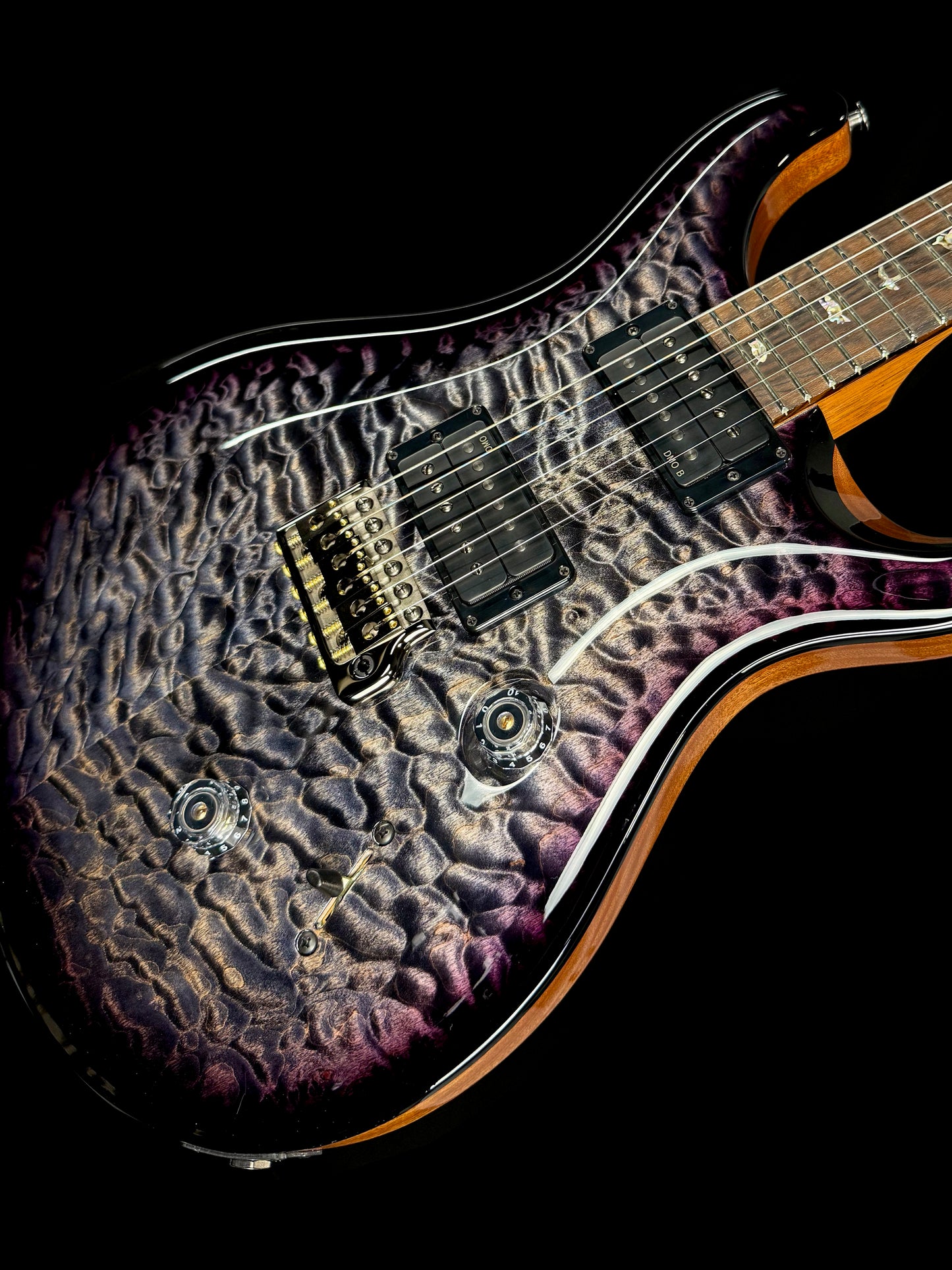 PRS Custom 24 "10 Top" Wood Library Quilt | Charcoal Purple Smokeburst Natural Back